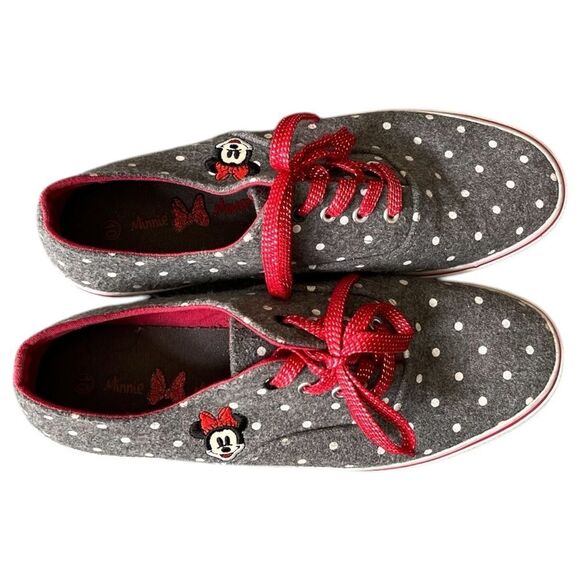 Gray Polka Dot Sneakers with Red Laces & Minnie Mouse - Size 10 - Picture 3 of 5